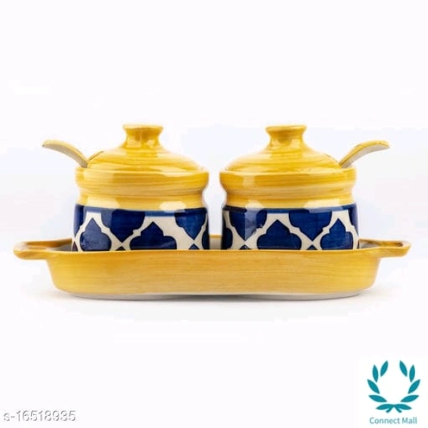 Yellow ceramic Achar Pickle Barni with Lid and Spoon set of 2 - Yellow